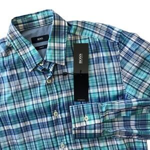 Hugo Boss Men's Turquoise Blue & White Plaid Thin Cotton Casual Shirt Small NWT